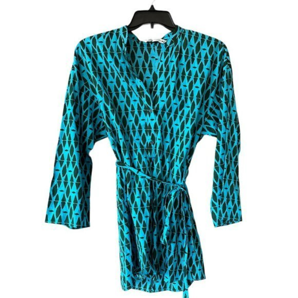 Zara Blue and Green Geometric Lightweight Tie Waist Button Cotton Dress Womens S